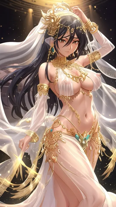 Arab dancer in a harem, belly dancer in white and gold, dancing in the sunset, Arabian clothes, harem outfit, lots of bracelets, jewelry, frills, armlets, gold chains, revealing white clothes, sexy underboob, shiny skin, cleavage, long sleeves, detached sleeves, solo focus, circlet, dark-skinned female, dark skin, depth of field, large, Persian setting, sai, Jasmine, rashmika, apsaraclothing-style, Arabian, Belly, dancer, outfit, Cropped, top, Transparent, Veil, Face, Loin, Cloth, Skirt, Pants, breasts, cutout, clothing, nipples