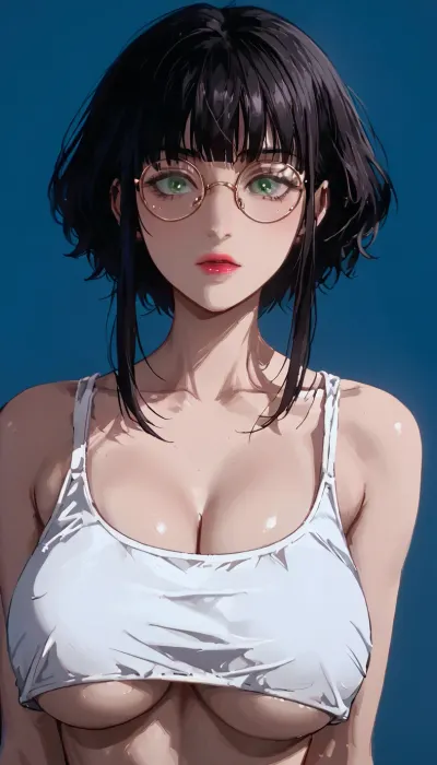1girl, pretty girl, green eyes, black bangs, round glasses, wearing a white tank top, underboob, big cleavage, big tits, blue background, g0th1cxl, <lora:g0th1cXL:1.5>, <lora:NEOTOKIOXL_0.2_RC:1>