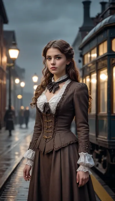 steampunk style railroad station, train arriving, steam locomotive first, late night, rainy windy whether, meet-and-greet girl with tiny breasts, wavy brunette hair, in victorian dress standing