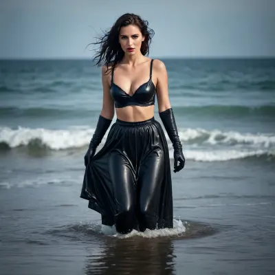 Wearing a wet long skirt, black Bra, black Satin gloves, black tights, Pumps, in the sea, wet