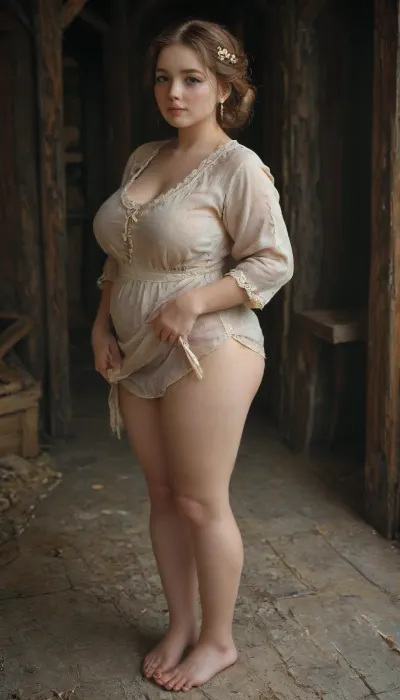 medieval England, a village, into old hut, a beautiful curvy mature milf, 40 year old, full-length image, peasant woman in a knee-length white linen shirt with a straight slit in the front and a turn-down collar, with wide sleeves without cuffs sewn in with gusset inserts, The sleeves of the shirt are decorated with bright embroidery at the bottom, long, narrowed at the wrist with stitched small folds, a woman wears a long dark skirt over the shirt and a light knee-length apron. The skirt gathers at the waist and is trimmed at the hem with bright braid, the apron is also decorated with braid, over this she wears a dark sweatshirt with long sleeves and a low neckline, fitted at the waist, a fringed shawl on her shoulders, Her head is covered with a scarf, her ginger hair is curled into temple braids, intertwined with wide ribbons, barefoot, plump, skindentation, chubby, bbw, venus, body, big, breasts, ass, dark, chiaroscuro, low-key, <lora:zavy-cntrst-sdxl:.5>, <lora:Chubby BBW - XL:.5>, <lora:tbh45-sdxl:.6>