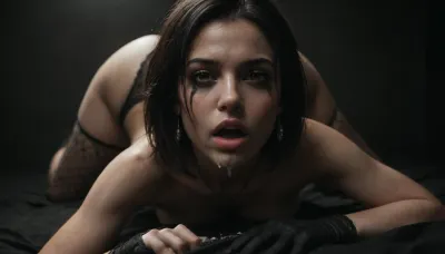 UHD 8K, beautiful firm medium tits, arlecchino_\, (genshin_impact\), black hair bob cut Mascara running, ((Black gloves:1.5)), extreme realism, maximum detail, slim figure, detailed skin, real lighting, ((spits a massive load of slimey cum to viewer)), open mouth, ((a massive load of cum dripping from mouth)), some cum on body, photorealistic, cinematic masterpiece, dark background, mouth full with cum, (lying on his back on the bed), ((languid facial expression)), ((you can see her ass)), ((close up on face)), (((cei))), ((Nipples visible)), ((black lace dress)), red fishnet tights, <lora:580159_training_data:.5>, <lora:dark:.5>, <lora:arlecchino_new:.5>