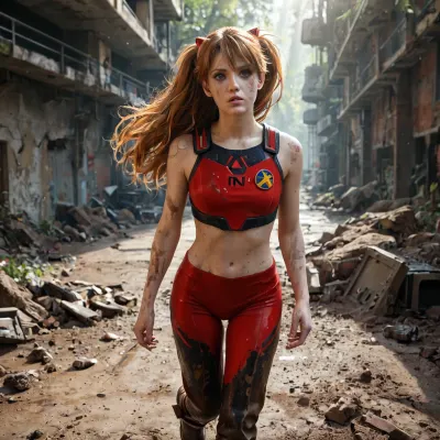 asuka, langley, long red flying hair, Star Trek uniform, (sexy midriff:1.2), heavy boots, running away, outdoor at industrial ruin, running through battle zone, no way out, cornered, affraid expression, dirty face, muddy face, muddy arms and legs, background is industrial ruin, ((focus on face:1.2), focus on back, crepuscular rays)