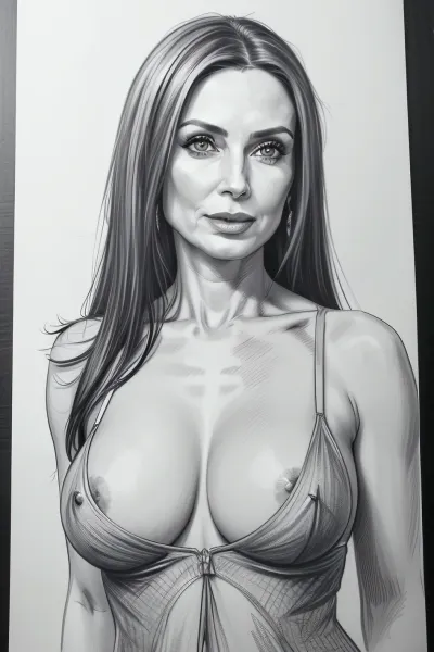 woman, 45yo, mature, (mature_face:1.4), perfect hourglass body, boobs out, without bra, (half potrait:1.5), pencil, sketch, pencil drawing, on paper, <lora:Pencil_Sketch:.8>, ((monochrome)), ((grayscale))