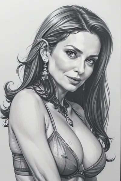 woman, 45yo, mature, (mature_face:1.4), perfect hourglass body, boobs out, without bra, (half potrait:1.5), pencil, sketch, pencil drawing, on paper, <lora:Pencil_Sketch:.8>, ((monochrome)), ((grayscale)), masturbating, hairy pussy