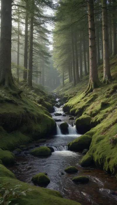 Scottish forests, Animals, no paths or roads, dense forest, medieval setting, realistic style, detailed landscape, clear focus, photorealistic quality, 8k resolution, natural environment, realistic physics, cinematic composition, masterfully drawn art