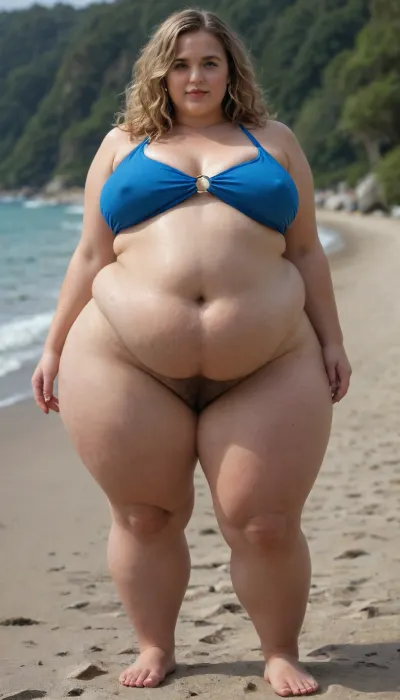 20 years young extremely morbidly obese plump fat girl, 1girl, best quality, ultra-detailed, masterpiece, insanely beautiful chubby face, chubby cheeks, finely detail, highres, 8k wallpaper, busty voluptuous Russian fat model, morbidly obese, (blonde wavy hair), ((plus size)), humongous wide fat hips, humongous chubby thick fat thighs, saggy breasts, (standing on the beach), fat chubby beautiful face, massiv double chin, prominent fat bulging belly, big lovehandles, gigantic fat round gut, (vivid crystal blue eyes), perfect face details, influencer, fat pawg, extremely overweight, weighs 600lbs, heavyset, heavy sagging round fat belly, hyperass, ass, plump body, fat, ssbbw, ((only one bellybutton)), ., Chubby, Plump, Fat, Rolls, instbds, posing, WeightChubby, WeightObese, WeightImmobile, full body photoshoot, spread her legs, (A soft, loose, curvy, obese, cellulite, fat, hairy woman, stratch stretch marks:1.2), (beach), (very hairy belly button:1.7)