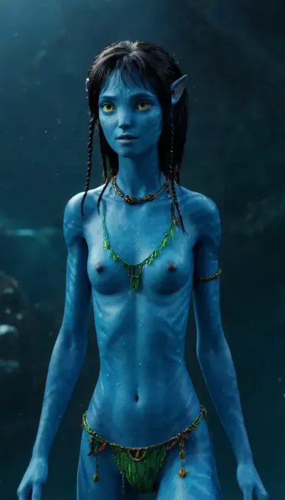 (without clothes, bare nipples, bare pussy, wow effect, stunning beauty and youth, silicone-plastic skin, cute pretty face, tender, naive, sweet, virginal, beauty, fragile feminine, unusual, fantastic, naked athletic beautiful young body, cybernetic-synthetic ultra-bio-organism, scientific fiction, space, long interstellar flight, space ark, cyber arena for battles competitions, Cyber digital Cube, cyber digital cube and one digital cyber girl in blue-green luminescent transparent glowing, her body, (((she is a young blue avatar recombinant organism, (((Kiri))), from the movie Avatar 2 "The Way of Water"))), 3D effect, presence effect, ultra detail, there is no continuous coverage, only contours and translucency, space futuristic overall style and background, inside the digital processor, in the matrix, inside the digital program, graphic dream, cryocapsule, cryosleep, science fiction plot, action movie, (Beautiful, round face, standing, naked, clear transparent), interior light, side view, looking away, looking at something out of shot, arms up, submissive, pose, Erotic, Detailed beautiful face, light and darkness), Kiri, <lora:Kiri_from_Avatar_The_Way_of_Water-000004:.8>