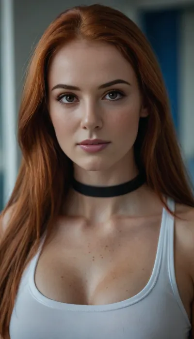 Redhead with freckles 18+, beauty with big juicy buxom bust, Russian, beautiful, athletic figure, long straight hair, shoulder length, straight, black ends, real, close-up, medical uniform, embossed fitness building, athlete, all body, professional photography, background blue, depth of field, modest style, fashionable style, choker.