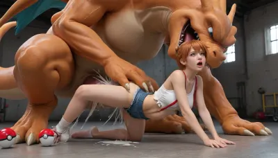 pretty young woman, big breasts, full bodies view, gets fucked by a gigantic charizard monster, gigantic monster cock, stomach bulge, hyperpenetration, very huge dragon cock, monster grabs her breasts, deep fuck, vaginal, anal creampie, cum squirts out of her pussy, lots of cum, restrained fuck, (torn), transparent, trained body, (ultra, HD, quality, details), misty_\, (pokemon\), side_ponytail, navel, suspenders, denim_shorts, midriff, poke_ball_\, (basic\), bare_shoulders, short_shorts, <lora:misty_(pokemon):.5>