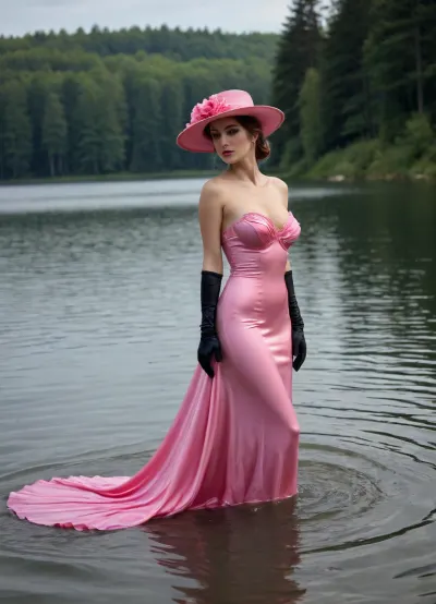 Wearing a long pink wedding dress, pink wedding hat, black bra shining through the dress, long satin gloves, black pantyhose, high boots, swimming, in the lake, wet, side view, clothes are very wet