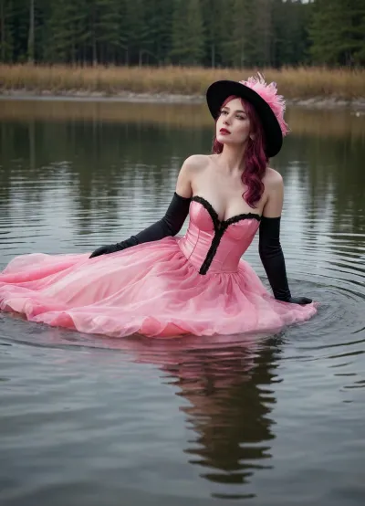 Wearing a long pink wedding dress, pink wedding hat, black bra shining through the dress, long satin gloves, black pantyhose, high boots, lying in the lake, wet, side view, clothes are very wet