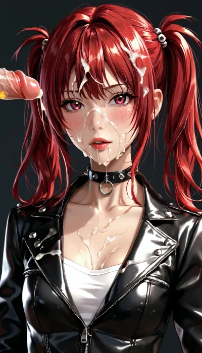 ((Extremely detailed render)), ((Mitsuru Kirijo)), ((perfect body)), ((wrapped by tentacles)), (studded biker leather jacket), ((rocker leather outfit)), dark gloomy dungeon with chains, ((cum on hair)), ((jacket bukkake)), ((cum on body)), crying, side view, choker, attacked, struggling, in peril, thick white cum, cum on her jacket, cum on face, forced to swallow, looking_at_viewer, shiny_skin, brown_hair, blush, shiny, collarbone, small_breasts, twintails, shoes, bangs, medium_breasts, parted_lips, eyebrows_visible_through_hair, <lora:persona_xl_a31_c-000002:.6>