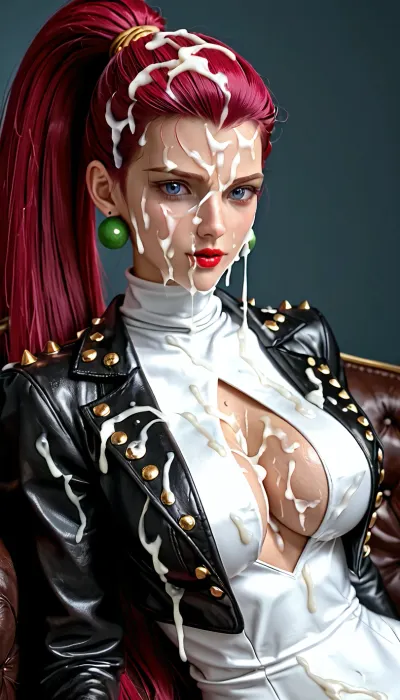 ((Super slutty Jessie from pokemon:1.3)), high ponytail, perfect hourglass-shaped body, big round breasts, dressed in a professional set of leather Rocker outfit, studded leather jacket, reclining on the wall, dark gloomy bassement, squeezing her, slutty look, very long hair covered in cum, clothes covered in cum, body, covered in cum, (thick white cum), bukkake, cum, the whole body is visible, view from the top, cum covered face, excessive cum on hair