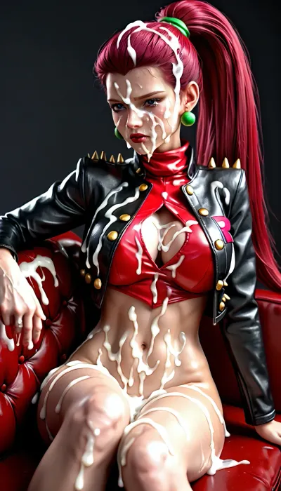 ((Super slutty Jessie from pokemon:1.3)), high ponytail, perfect hourglass-shaped body, big round breasts, dressed in a professional set of leather Rocker outfit, studded leather jacket, reclining on the wall, dark gloomy bassement, squeezing her with tentacles, slutty look, very long hair, ((covered in cum:1.3)), clothes covered in cum, body, covered in cum, ((thick white cum)), bukkake, cum, the whole body is visible, view from the top, cum covered face, excessive cum on hair, crying