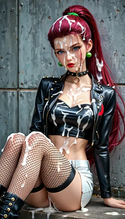 ((Super slutty Jessie from pokemon:1.3)), perfect details, high ponytail, perfect hourglass-shaped body, perfect breasts, dressed in a set of black leather Rocker clothes, studded leather biker jacket, choker, fishnet tights, reclining on the wall, dark gloomy bassement, squeezing her with tentacles, slutty look, very long hair covered in cum, ((clothes covered in cum:1.3)), body, covered in cum, ((thick white cum:1.3)), bukkake, cum, the whole body is visible, view from the top, cum covered face, excessive cum on hair, crying, ugly bastards grabbed her head and put her on knees, forced to suck, eye, catching, drab, <lora:eye_catching:.5>