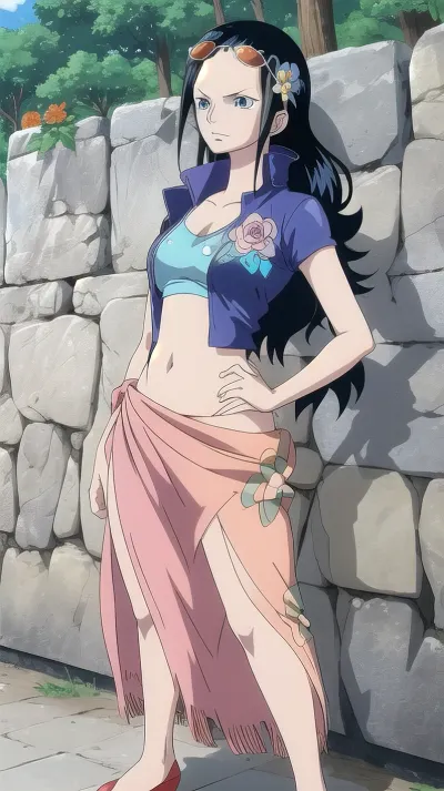 (Anime), long black hair, straight, orange sunglasses on head, blue eyes, Atlantic blue jacket, short cut, partially open, short sleeves, belly-free, sarong with flower print, red high heels, wanostyle, <lora:wanostyle_2_offset:.5>, <lora:nico_robin_v1:1>