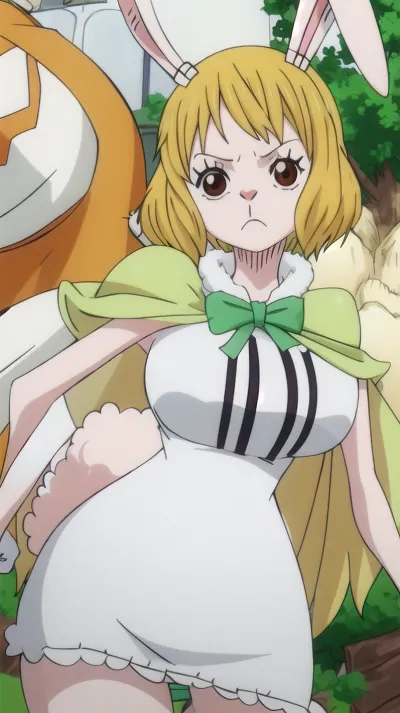 (Anime), white fur, rabbit girl, short blonde hair, big breasts, rabbit face, rabbit nose, rabbit mouth, brown eyes, orange short dress, crossed seam on the right side, green short cape, white rabbit ears, plush tail, wanostyle, <lora:wanostyle_2_offset:1>, <lora:garchuc4rr0t-09:.7>