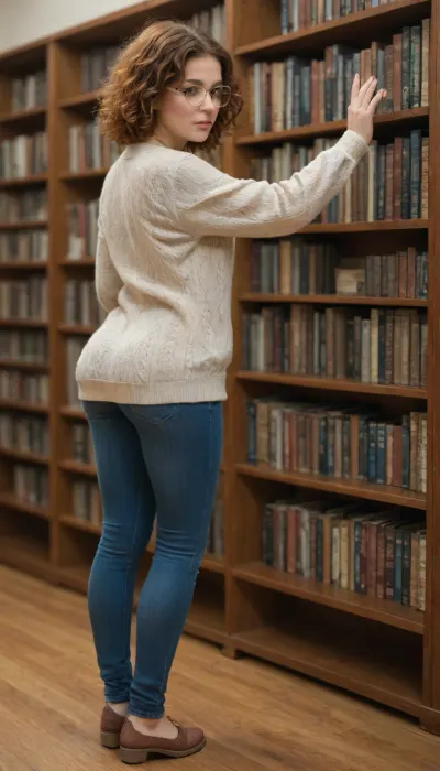 Looks up, standing on tiptoe, reaching up, takes a book from the top shelf, young girl 24 years old, red curly hair, redhead, beautiful hair, brown eyes, freckles on face, round cute face, short stature, wide hips, big ass, ass, short legs, round glasses, warm sweater, jeans, library