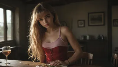 Photorealistic, highly detailed, 21 year old woman, eyes wide. medium perky tits, tan lines, long hair, blonde hair with red highlights, messy hair, hinata, tan skin, freckles, thick lips, earrings, gorgeous, beautiful, mischievous smile, red leather corset, 18yo beautiful petite blonde, young face, 21 yo face, very skinny, green eyes, (long hair+bangs+messy+wet+pulled back), red tights, pantyhose, tights, white sneakers, pink sheer tank top, tank top, wearing colorful bracelets, detailed white string panties with drawings, fit legs, petite body, small body, young body, tanned skin. seated at dinner table in fancy crowded restaurant, having fun on a date. professional photograph, ultra detailed., <lora:dark:.5>, backlight, style, hair, light, <lora:backlight style:.5>, 4ng3l, face, <lora:SDXL_BetterFaces-LoRA_v1:.5>