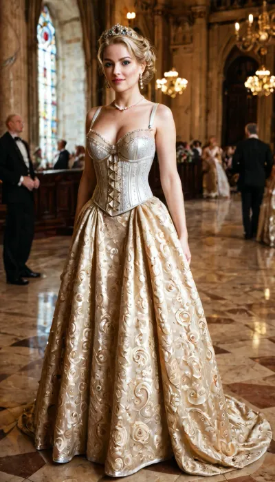 fullcolor image, 8K quality, Anne Stuart, Queen of England, Scotland and Ireland, stands in the ballroom of the palace surrounded by courtiers, wearing a luxurious brocade dress with a deep neckline, decorated with pearls and precious stones, full body in frame, 18th, century, corset, lingerie, <lora:rococo:.8>