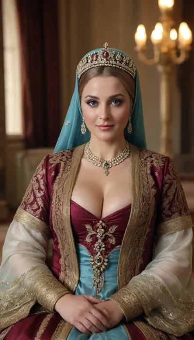 **"The Ottoman man as Sultan stands majestically in a splendid portrait alongside An Ottoman plump hijab 48 years old princess, open cleavages boobs out in Topkapi Palace, view focus 8k perfect illuminated high definition depicted in a majestic portrait, sits on a grand throne with a beautiful smile and large blue eyes. Her regal presence is enhanced by the opulent surroundings, radiating elegance and grace."**