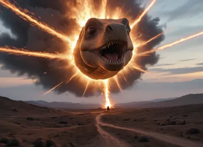 The image is an illustration of a dinosaur head bomber, bomber on air, Meme, BOOM, explosion, there are a lot of chickens in the air