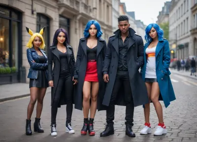 An male of 35 Years old with black trench coat and a Trio of sexy adult pokemon females trainers with pokemon dressings of Nordic skin and male african skin, one of girl with dark blue hair, pokemons at side. pokemon sword and shield city, many pokemons following the trio, pokemons around world.