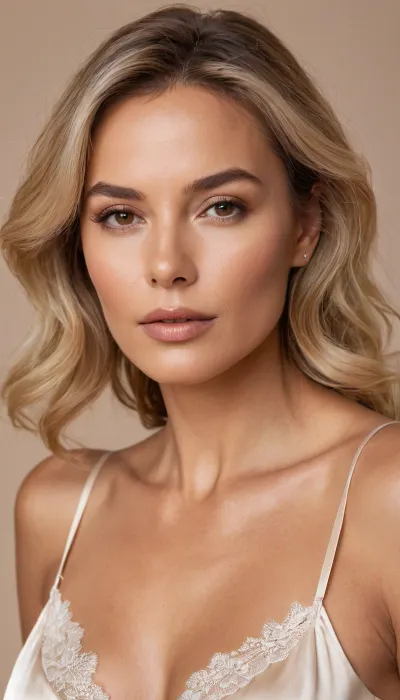 *Ultra-realistic, high-resolution studio portrait photography of an attractive women, around 55 years old, with slightly tanned skin and a very natural, yet slightly more sensual make-up look. She looks confidently and directly into the camera. Her hair is medium-length, ice blonde, straight with slightly wavy strands and falls loosely over her shoulders. The lighting is soft, but subtly shapes her facial features and body silhouette, with subtle highlights on her cheekbones. Her mouth is half open.
She is wearing a high-quality, light lingerie set in cream white made of fine silk, with subtle lace on the edges, stylish and aesthetic, not obtrusive, but tasteful and classy. She also wears delicate, gold accessories, a fine necklace, narrow hoop earrings and a thin bracelet, which add a touch of elegance. The pose is relaxed, with a slightly tilted head, a gentle turn of the body and a loose but graceful fall of the shoulders. The overall image conveys a sense of intimacy and confidence without being vulgar.
The background is minimalistic and blurred, in warm off-white and beige tones to keep the focus entirely on her. Shot with a high-resolution full-frame camera, 50mm prime lens, f/2.8, soft, flattering studio light that reveals her natural skin texture, fine pores and slight shine effects on the lips. No excessive smoothing, no artificial AI look, everything should look like a real, professional photo shoot, suitable for a premium, exclusive feed.*