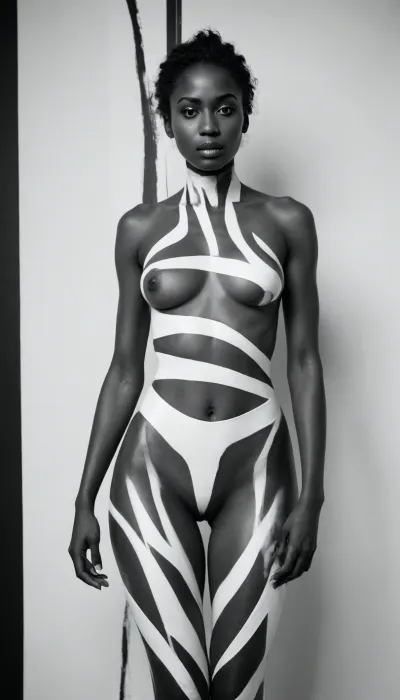 "An abstract black and white full body artwork of a woman. The subject appears to be a young to middle aged black woman. Her body is depicted with thick, flowing white lines that form a striped or linear pattern, suggesting a sculptural form. The lines cover her entire body, face and arms, creating a strong, dynamic composition. Her face is partially visible and appears calm, with no strong emotion. She is looking slightly downward. The body is depicted in a relaxed, flowing pose. The background is entirely black, creating a strong contrast with the white lines. The style is abstract, graphic and expressive, with a sense of movement and dynamism conveyed through the lines. The lighting is dramatic, highlighting the lines and emphasizing the form. The perspective is slightly from above, looking at the figure as a whole.