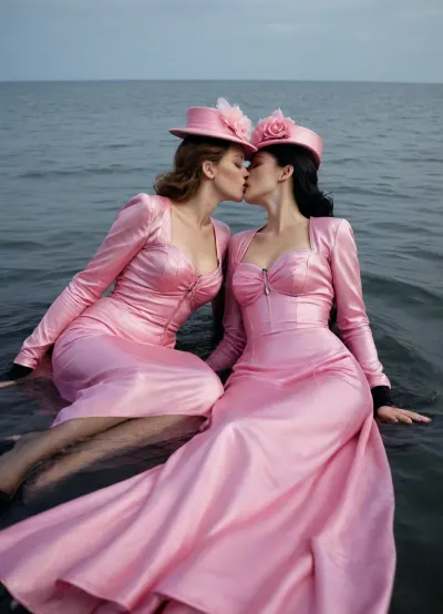 2woman kissing, both Wearing a long wet pink wedding dress, wet pink bolero jacket, wet pink wedding hat, long satin gloves, black pantyhose, black heels, lying in the sea, wet, clothes are very wet, full view