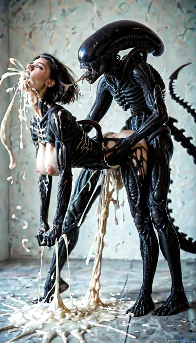 Sinister beauty: side-by-side - a xenomorph's enigmatic figure emerges in a lab