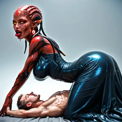 1 woman gigantic alien, (gigantic woman:1.3), 1 man, small man, close-up, An alien dystopian starship, ultrarealism, masterpiece, (alien tentacles sucked stomach man), alien tongue, (cowgirl posing), vaginal sex, woman on top man, bent over, alien touching testicles, (alien woman:1.3), makeup, narrow waist, glowing eyes, look at viewer, earrings, (big lips), excited look, (glossy red lipstick:1.2), (transparent salvia:1.3), high detailed face, shiny skin, thin, medium breasts, round breasts, (long dress), wide hips, (bent over), red glowing, blood, man lying, (side view), Cinematic light, best quality, mega detailed, mega quality, high detailed