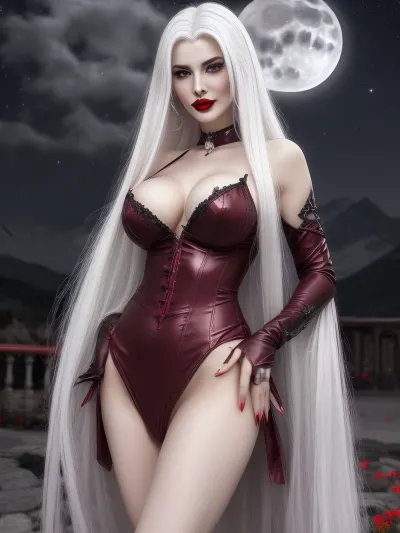 Woman, (mature, european, vampire, Red eyes, Red lips, Grey skin, white hair, long hair, straight hair, seductive, licks her lips), background, (night, moonlight, midnight), standingu, woman wear sexy outfit, image_shows, (breasts, vagina, standing woman), Perfect hand, hand with five fingers, bend position, hand on vagina, hand on nipples, playing with nipples, woman orgasm