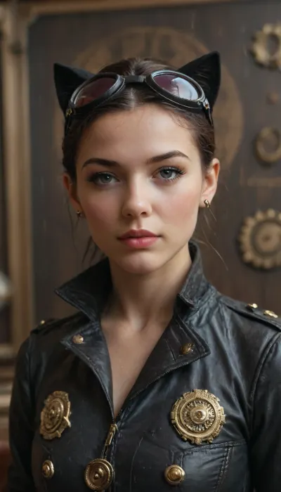 steampunk, 19th century, catwoman, selina kyle, brunette, alone, classic uniform adapted to steampunk clothing, in the rain in a steampunk laboratori, detailed background.