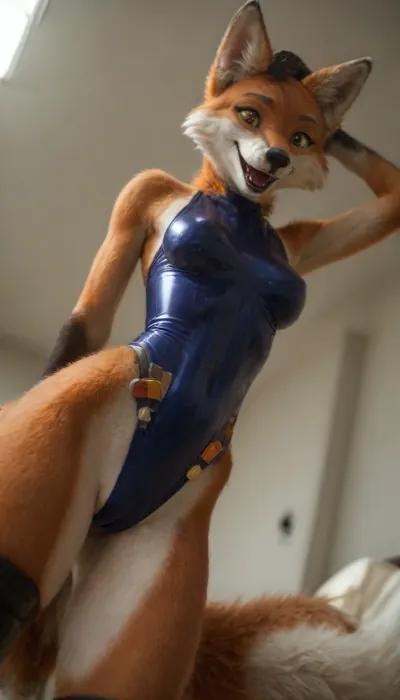 (fox:2), (furry:2), (yang:1.2), ((orange fur)), (fluffy fox:2), (the fur is shiny:2.3), (with a glossy reflecting soft light:2), very short hair on head, (tiny:1.5), (slender body:1.5), (nose up:1), (skinny:1.1), (colored glossy Tight-fitting swimsuit:1.5), (natural breasts:1.3), the back is arched, (long cat whiskers:1), (tight belt on the waist:1.3), (tight straps on the thighs:1.3), (laughing eyes), (wide open eyes:1.3), (quality yellow eyes:1.6), (look at view:1.6), (open mouth:1.4), (predatory smile:1.7), ((black stockings)), (in hand is a huge oiled:1.7), (lying down on side:1.4), on the bed, full body view, (legs structure from animal:1.5), small pussy, dim light, soft shadows, full view, (Low-angle shot:1.4), FRESHIDEAS, Real, Photography, 2#, ejaculation, on, face, taking, her, bad-picture-chill-75v, CyberRealistic_Negative, side view, <lora:FRESHIDEAS Real Photography 2#:1>