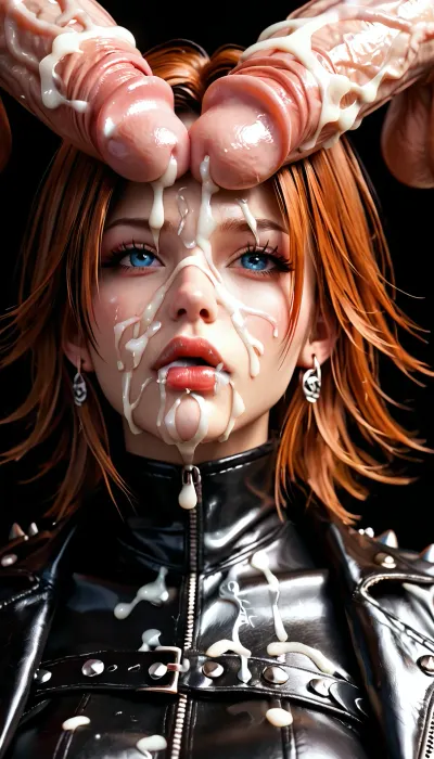 Christie from Dead or Alive, perfect face, perfect fangs, big lips, good eyes, perfect anatomy nsfw, black leather outfit, rocker outfit, Studded leather jacket with high collar, perfect breasts, massive cock, male in front of female, sucking balls, gigantic penis, cum on clothes, extreme cum play, cum on hair, cum on face, ((jacket covered in huge amount of cum)), penis on face, faceless male, close up, sweaty body, shiny eye, rough mouth fuck, cum on her jacket, excessive cum, clothes covered in cum, thick white cum, sloppy, dark rusty basement background, laying on floor, cum balls, <lora:detailed_notrigger:.5>, <lora:702580_training_data:.5>
