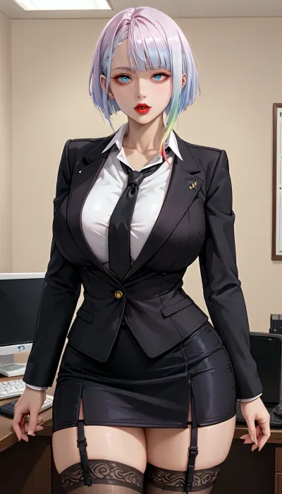photorealistic, Lucyna Kushinada, character from the Cyberpunk Edgerunners, (lucyna kushinada from the cyberpunk edgerunners:1.2), best quality, afterglow, 4k, ((masterpiece)), extremely detailed, 8k, trending on ArtStation, Intricate, High Detail, Sharp focus, curvy, 1girl, (beautiful face, perfect eyes:1.2), (milf:.5), (busty and curvy1.1), (thick:1.2), (thick thighs), (office background), rating, safe, (huge breasts:1.2), (wide_hips), collarbone, (black suit jacket, white collared shirt, black necktie, black long pencil skirt, stockings with straps), solo_focus, sensual, seductive, provoking, parted_lips, (white hair, short hair, bangs, blue eyes, red lipstick), lips, looking_at_viewer, standing, ((contrapposto)), 4ng3l, face, <lora:SDXL_BetterFaces-LoRA_v1:.5>, <lora:add-detail-xl:.5>, <lora:detailed_notrigger:.5>
