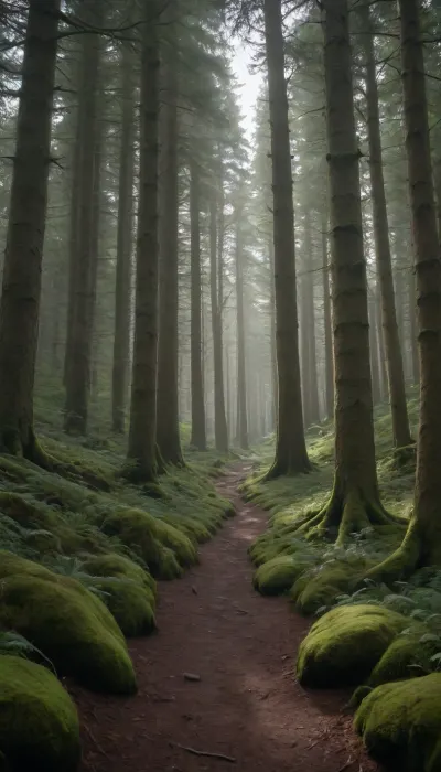 Scottish forests, Animals, no paths or roads, dense forest, medieval setting, realistic style, detailed landscape, clear focus, photorealistic quality, 8k resolution, natural environment, realistic physics, cinematic composition, masterfully drawn art