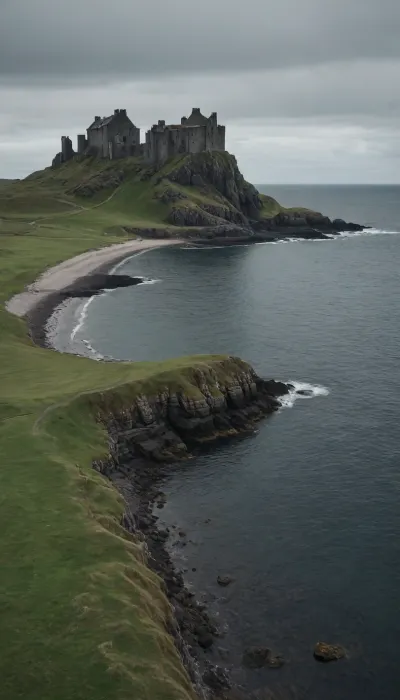Scottish Islands, medieval setting, realistic style, detailed landscape, soft lighting, clear focus, photorealistic quality, 8k resolution, natural environment, cold weather effects, realistic physics, cinematic composition, expertly drawn art