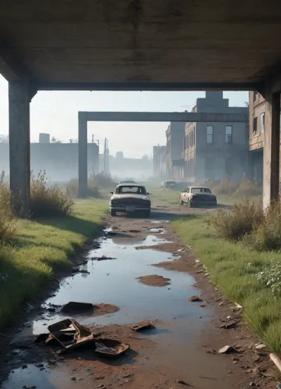 `Post-apocalyptic wasteland with crumbling city ruins overgrown with weeds, cracked asphalt road littered with abandoned rusty cars, (broken windows, decayed interiors), desolate field stretching to the horizon under a foggy sky, distant zombies shambling near collapsed buildings, 8k resolution, hyperrealistic details, cinematic HDR lighting, anti-aliasing, depth of field, photorealistic textures, (rust, cracked concrete, weathered surfaces), ray-traced shadows, volumetric fog, ambient occlusion, sharp focus on foreground debris, (shattered glass, torn posters), cold blue-gray color grading with muted accents, lossless PNG format, no pixelation, no compression artifacts.`