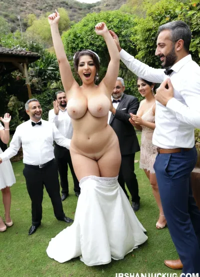 An Iranian cuckold groom taking off her curvy Iranian wedding dress and make her naked in front of all the guests, she wears sexy bridal underwear, guests are standing and cheering. in a botanical garden.