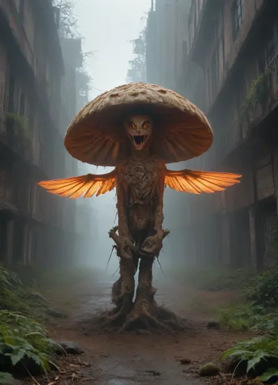 Bird's-eye view of a post-apocalyptic metropolis, ** Endless jungles of concrete and steel are swallowed up by nature, skyscrapers with collapsed facades and rusty beams ** have turned into vertical gardens, where ** giant ferns ** and creepers ** entangle cracks in the walls**, and** moss waterfalls ** flow down through twisted elevators*. The roofs are hidden under a dense canopy of oaks, palms, and glowing mushrooms, whose roots turn freeways into crumbling slabs dotted with rusty car frames and leaning streetlights.Collapsing bridges * \ hang over * \ overgrown canals, In the skyswift peregrine falcons * \ hunt **flocks of crows * \ circling over * \ the remains of stadiums, where * \ wild vineyards have swallowed up * \ the stands. *The setting sun * \ *breaks through * \ toxic \, yellow smog**by painting the foggy haze *in * \ *neon \, green **and **blood -orange * \ shades, and * \ bioluminescent algae * \ shimmer in * \ underground rivers **. metro .8K detail * \ highlights * cracks in the asphalt, peeling painton * \ abandoned tanks **, bird feathers scatteredon** alleys***, drops dew on ** cobwebs ** between antennas skyscrapers, * rusty rivets on ** pavements and cactus needles** piercing ** paving tiles**.\ ** HDR \ lighting \ ** enhances the contrast between \ *warm highlights * *on * cheetah skin ** and *cool shadows * *in * dungeon pits**, and \ *ray tracing * \ *creates * \ *three-dimensional fog * \ *that envelops * \ *the remains of a helicopter * on * \ runways*.Focus on a giant baobab tree sprouting through the planetarium dome, its ** snake roots \ * entwining \ * abandoned telescopes, and \ \ \ ** the background \ * dissolves into \ * fog with ash particles, ** Lossless PNG format \ ** saves \ ** ultra \, details, from \ ** on \ * monument debris ** to ** ice crystals on ** ice vaults ** in \ ** permafrost \ ** underground storage facilities. Nature didn't justwin— it* rewrote the DNA of the megalopolis, turning it intoa symbiosis of apocalypse and rebirth **.