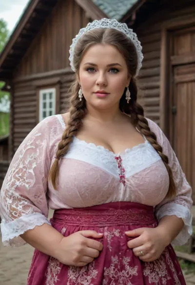Russian beauty oversized bbw milf with oversized thick thighs and large floppy breast, in national costume. old russian village, wooden russian houses. lace filigree of bright, rich color. Super clear, high quality, 8k photo. rich on details
