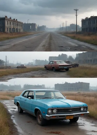 `Post-apocalyptic wasteland with crumbling city ruins overgrown with weeds, cracked asphalt road littered with abandoned rusty cars, (broken windows, decayed interiors), desolate field stretching to the horizon under a foggy sky, distant zombies shambling near collapsed buildings, 8k resolution, hyperrealistic details, cinematic HDR lighting, anti-aliasing, depth of field, photorealistic textures, (rust, cracked concrete, weathered surfaces), ray-traced shadows, volumetric fog, ambient occlusion, sharp focus on foreground debris, (shattered glass, torn posters), cold blue-gray color grading with muted accents, lossless PNG format, no pixelation, no compression artifacts.`