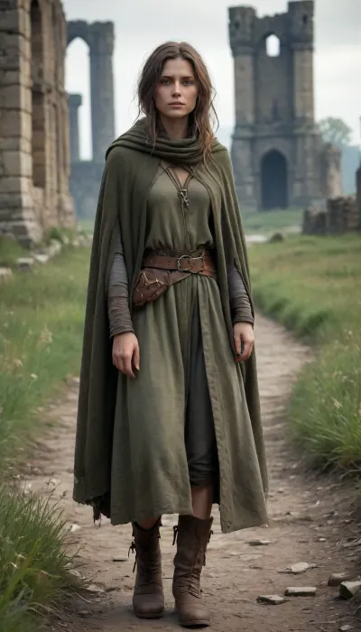 `Post-apocalyptic scene with nature reclaiming medieval ruins, ivy-covered stone castles, collapsed wooden watchtowers, overgrown cobblestone paths, and distant remnants of a shattered city with crumbling cathedrals. A weary woman in ragged, dirt-streaked clothing—patched woolen tunic, frayed cloak with a corroded clasp, scuffed leather boots—walks through a field of wild grass, her garments torn and stained with grime. She carries a dented copper flask, her face smudged with ash, sunlight filtering through haze to highlight the decayed landscape. 8k resolution, hyperrealistic textures, (weathered stone, matted fabric, oxidized metal), cinematic HDR lighting blending muted browns and gray-green tones, anti-aliasing, depth of field focusing on her figure against the ruins, ray-traced mist, lossless PNG format.`