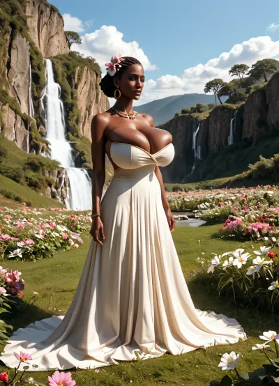 african lady, hyper sloppy and saggy breasts, perfekt saggy breasts, hyper soft breasts, outside, in a landscape before victoria waterfalls, bends down to look at a flower, look slightly sideways, bends down