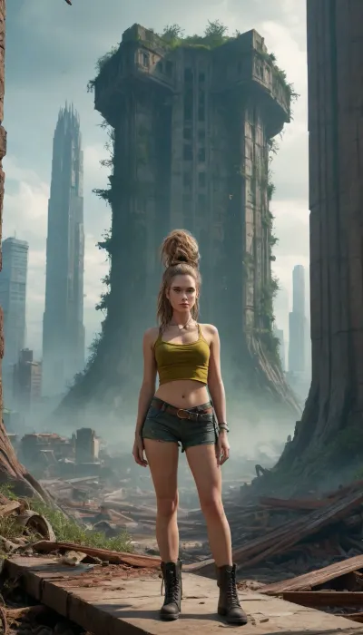 ** Bird's eye view of a post-apocalyptic metropolis, ** An endless jungle of concrete and steel is absorbed by nature, but * * the girl in the center** attracts the eye — * * her face** is drawn with hyper-realistic clarity, **sharp cheekbones**, cut **the scar from the burn** with **shades of turquoise**, **eyes the colour of molten gold** with **vertical pupils** like predatory cats, **leather** covered **network bioluminescent veins**, (blue-green, like a poisonous lichens), **lips** — **cracked from dehydration**, but the corners are raised in **sarcastic smile**, **hair** — **tangled strands** with **neon-red tips**, stuck on **chemical precipitation**, she is on the **top of the half ruined tower**, its **fitted post-apocalyptic costume** Shine **neon red accents**, contrasting with the grey ruins, **black top with metal spikes**, **denim shorts** bound **fluorescent straps**, and **shoes with the energy blades** emphasize its predatory grace, in the hands of **high-tech crossbow** with **engravings of plant roots, and belt — **jar light emitting pulsary**, which **the shadow girls** falls on the wall of a skyscraper** forming **the silhouette of a bird** around her — **the metropolis-Ghost**, skyscrapers **collapsed facades**, where **waterfalls moss** streaming software **mangled elevators**, **rusty bridges** overhang **overgrown channels** with **bioluminescent algae** and **the crows** circling **the remains of the stadiums** hard **wild vineyards, **, **sunset** pierces **toxic yellow could**, painting **misty haze** in **neon orange** and **bright green** tone, illuminating her face** — **covered with pollen mushrooms**, with **eyes the color of molten gold** reflecting **light of a dying city**, **8K details** each **crack in the concrete**, **Dewdrop** on the **web** between **antennas**, **the spark** on **the blades boot**, **ultraluxury** **rust** on **beams** and **needle cactus** pierced **paving**, **HDR lighting** creates a contrast between **warm highlights** on her **leather**, and **cold shadows** in **underground tunnels** where **cheetahs** hunt **remnants of civilization**, **ray tracing** draws **volumetric fog** enveloping **elements** and **the rusty skeletons of cars** downstairs reminiscent of **the fallen titans**, **focus** — to **her eyes**, **piercing**, **filled with challenge**, as if it — **the catalyst** between **death** and **revival**, **giant baobab** grow through **the dome of the planetarium** behind her *rooted*snakes** braid **abandoned telescopes** and **background** soluble in **the fog of ashes** where **her shadow** gets **part of the landscape**, **lossless PNG** saves **ultrametal** from **scales Python** on **the wreckage of the monument** to **her eyes**, covered in **a radioactive crystals of ice** nature **girl** — **a single organism**, rewriting the DNA of the metropolis, **fragile**, **deadly great**, **invincible**.
