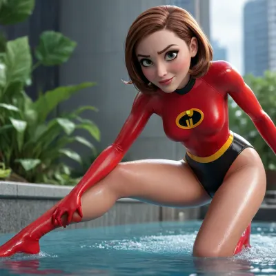 Elastigirl from The Incredibles, cartoon, teasing fet, A playful face, wet skin, Lots of water, playboy poses, Cucumber in the ass