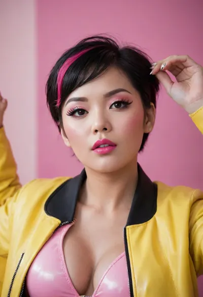 3/4 shot of Jubilee from the X-Men sucking cyclops’ cock, 18 year old, Japanese Korean, young looking, youthful exuberance, short spiky black hair, 5’2”, 120 pounds, a-cup breasts, chocolate colored eyes, big nipples, yellow latex bomber jacket, pink accessories, bright pink flourishes, pink lipstick, pink blush, pink eyeshadow, black eyeliner, long lashes, Asian, short hair, long yellow latex coat